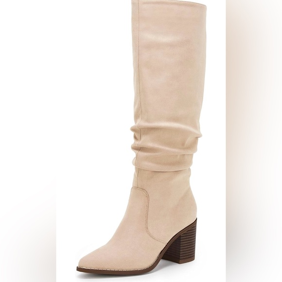 Womens Pointed Toe Mid Chunky Heel Side Zipper Knee High Boots Tall Booties - Picture 5 of 9